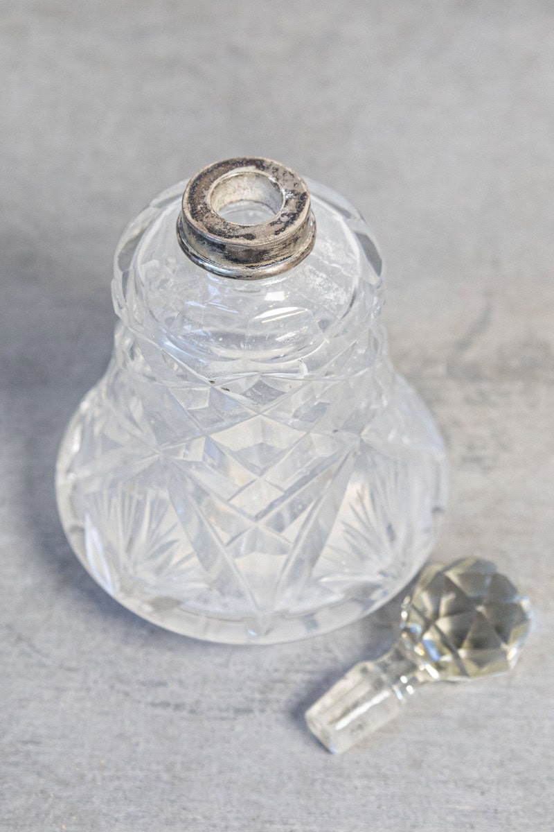 Small French 1920s Crystal Toiletry Bottle with Silver Neck and Diamond Motifs - JAA