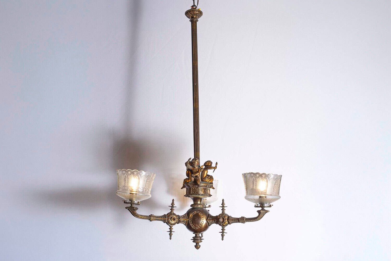 French 19th Century Three-Light Bronze and Baccarat Style Chandelier with Cherubs - JAA