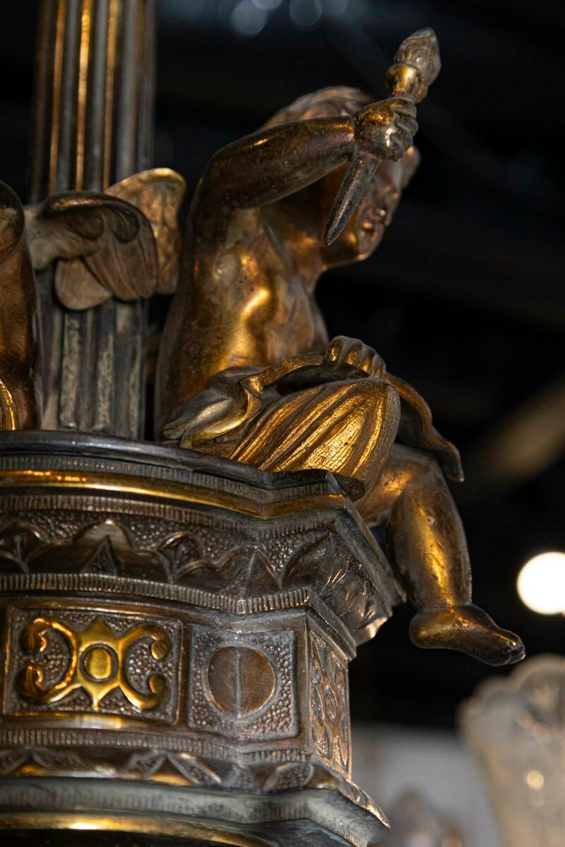 French 19th Century Three-Light Bronze and Baccarat Style Chandelier with Cherubs - JAA