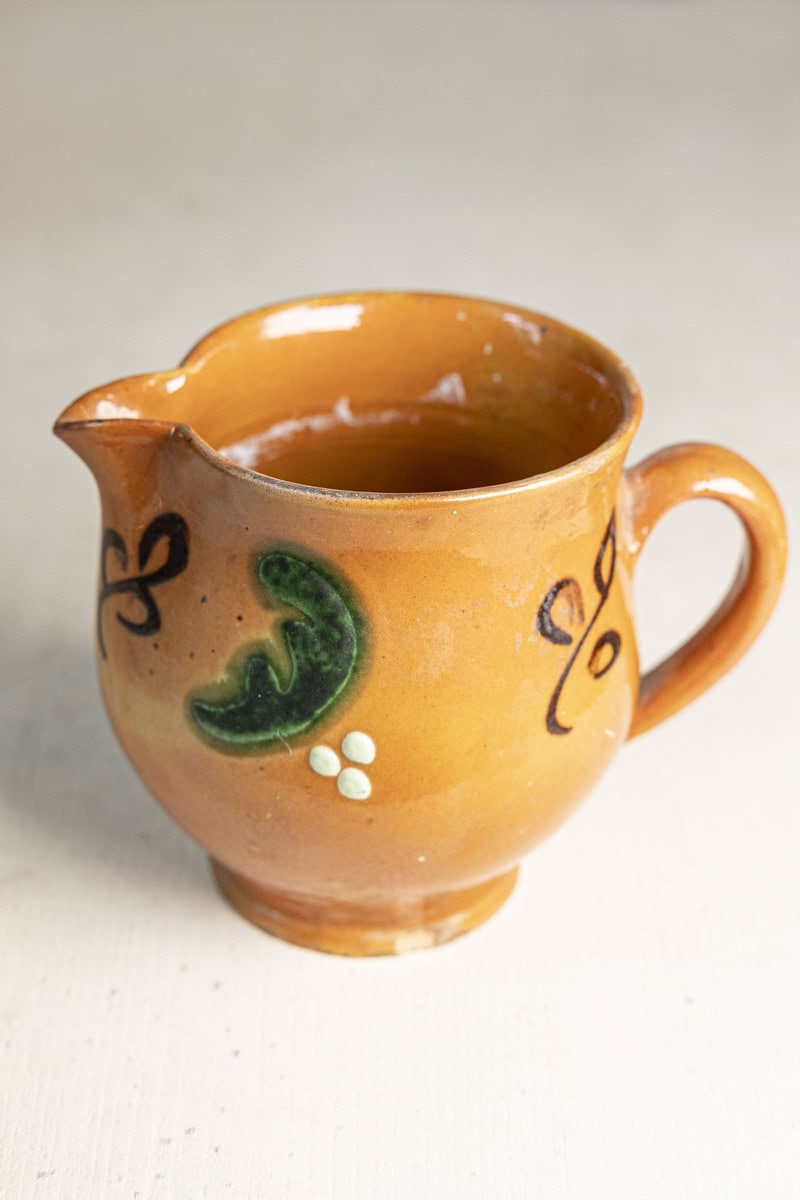 Early 20th Century French Glazed Terracotta Miniature Pitcher with Folk Slip Decoration - JAA