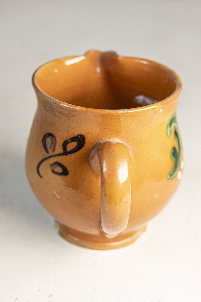 Early 20th Century French Glazed Terracotta Miniature Pitcher with Folk Slip Decoration - JAA