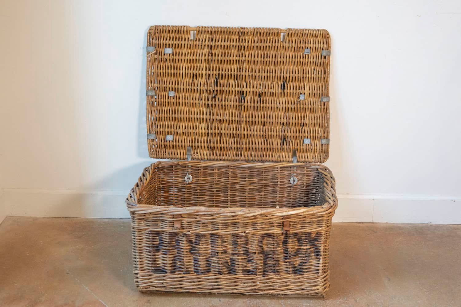 19th Century English Wicker Laundry Basket with Painted Labeling - JAA