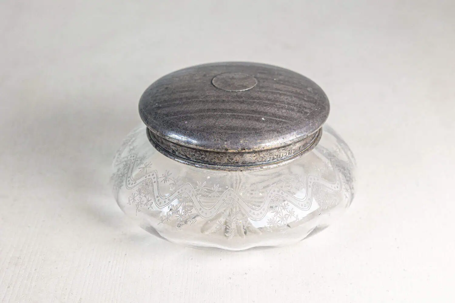 Small English 1920s Glass Vanity Jar with Incised Silver Lid and Etched Design - JAA