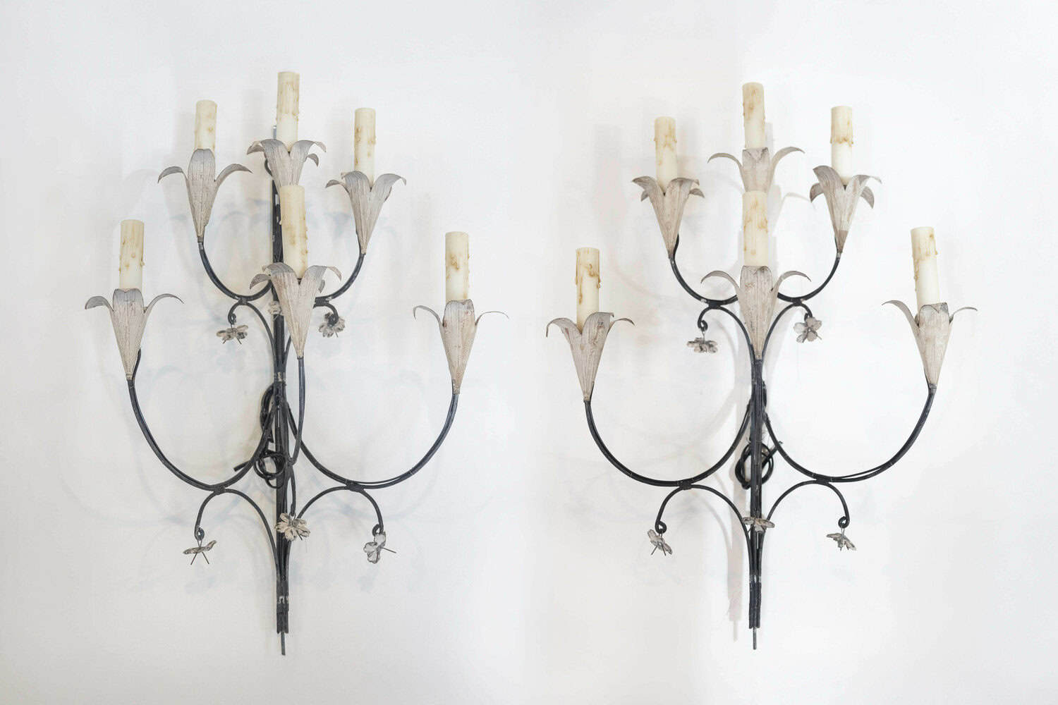 Pair of French Wrought Iron and Tole Floral Five-Light Sconces, circa 1940 - JAA
