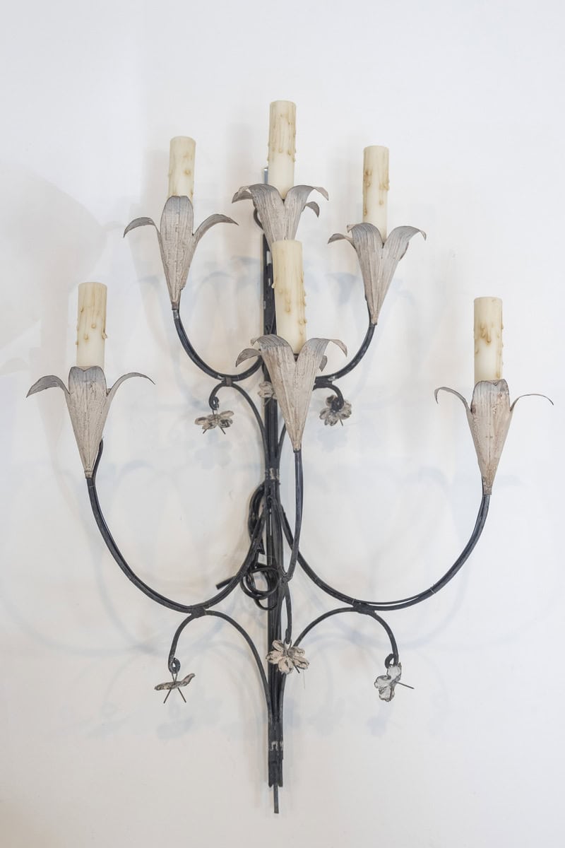 Pair of French Wrought Iron and Tole Floral Five-Light Sconces, circa 1940 - JAA
