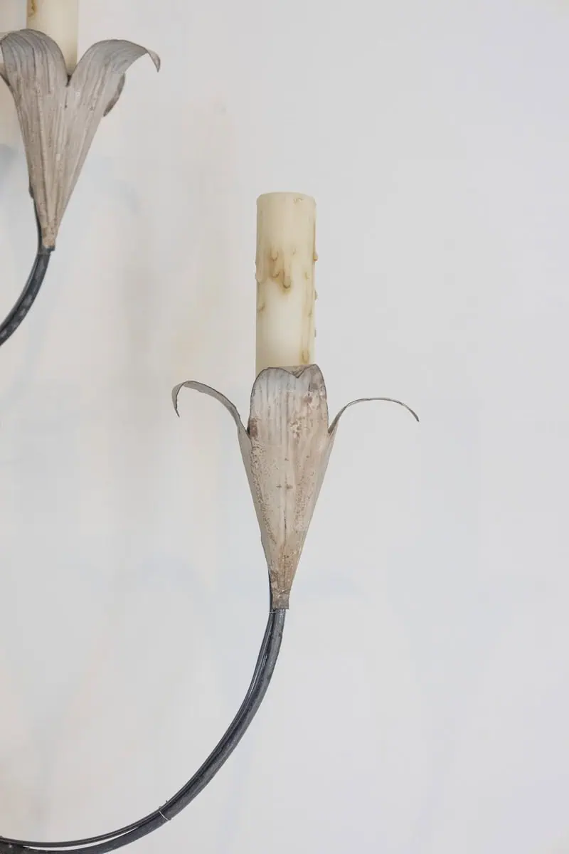 Pair of French Wrought Iron and Tole Floral Five-Light Sconces, circa 1940 - JAA