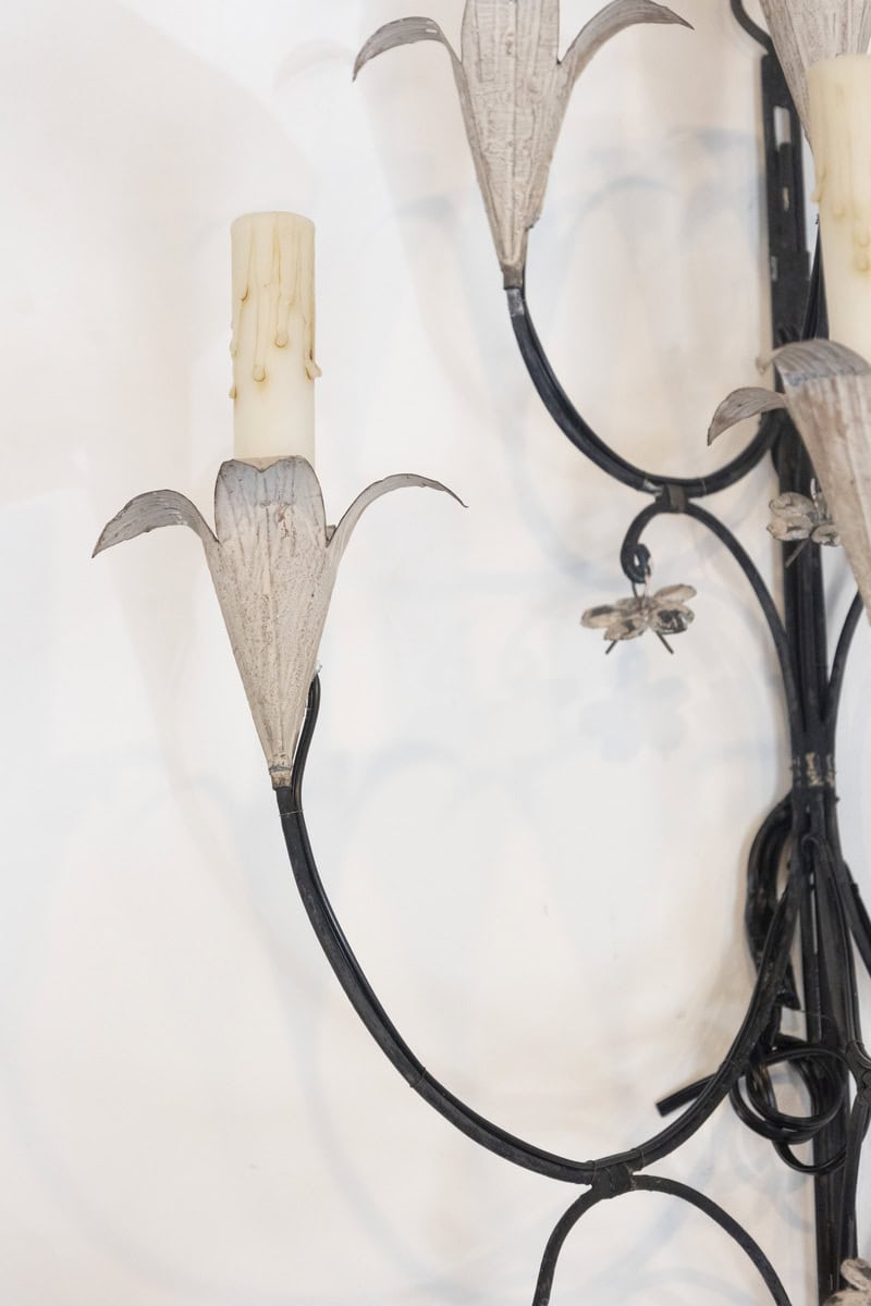 Pair of French Wrought Iron and Tole Floral Five-Light Sconces, circa 1940 - JAA