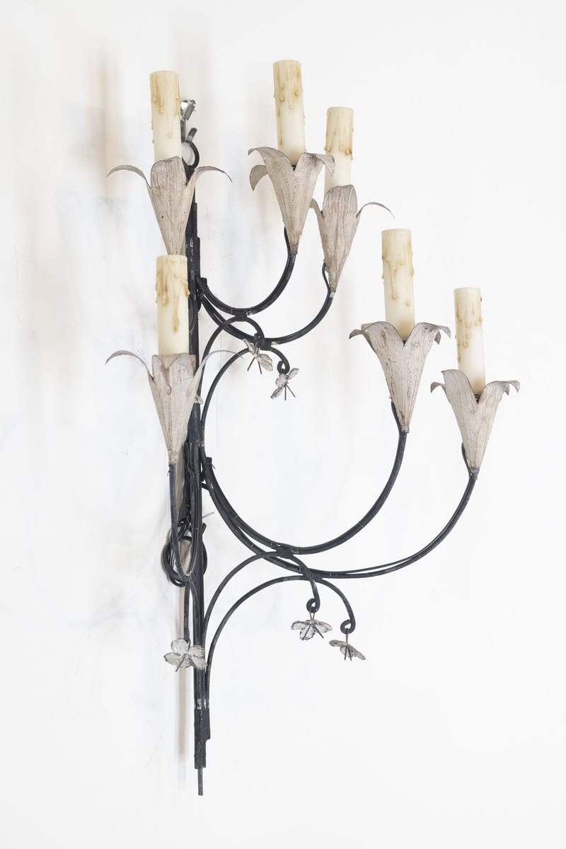 Pair of French Wrought Iron and Tole Floral Five-Light Sconces, circa 1940 - JAA
