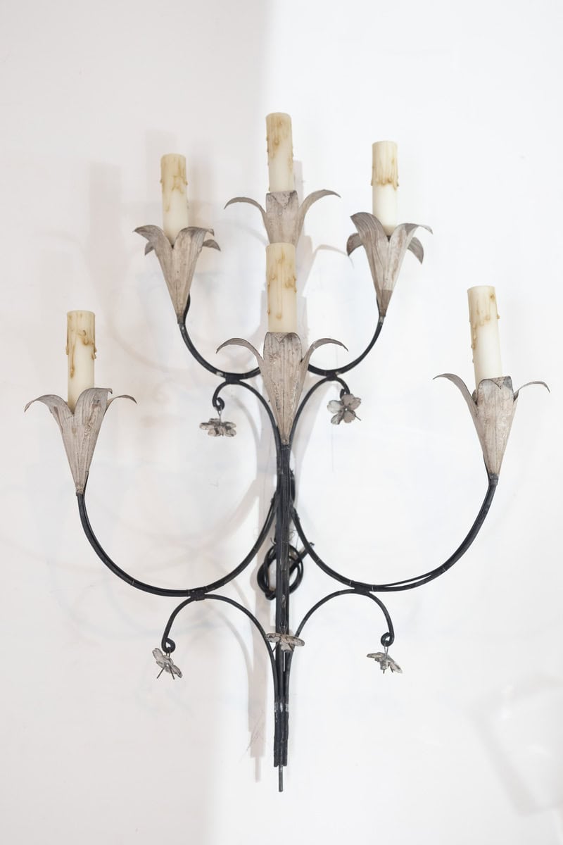 Pair of French Wrought Iron and Tole Floral Five-Light Sconces, circa 1940 - JAA