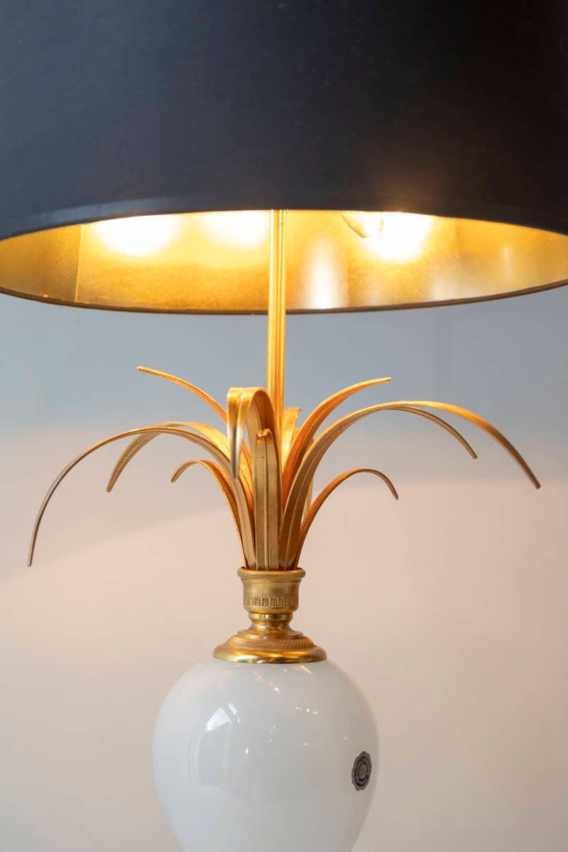 20th Century French White Glass and Gilt Metal Table Lamp with Navy Blue Shade - JAA