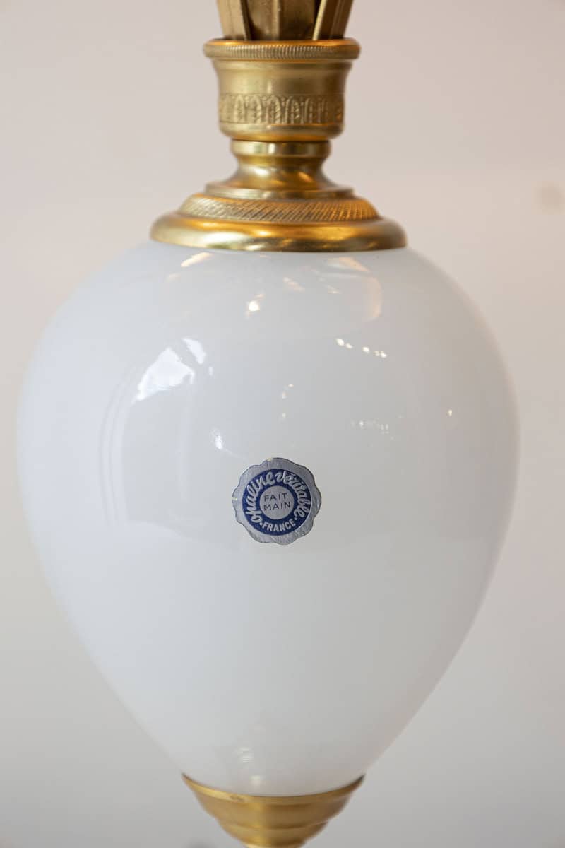 20th Century French White Glass and Gilt Metal Table Lamp with Navy Blue Shade - JAA