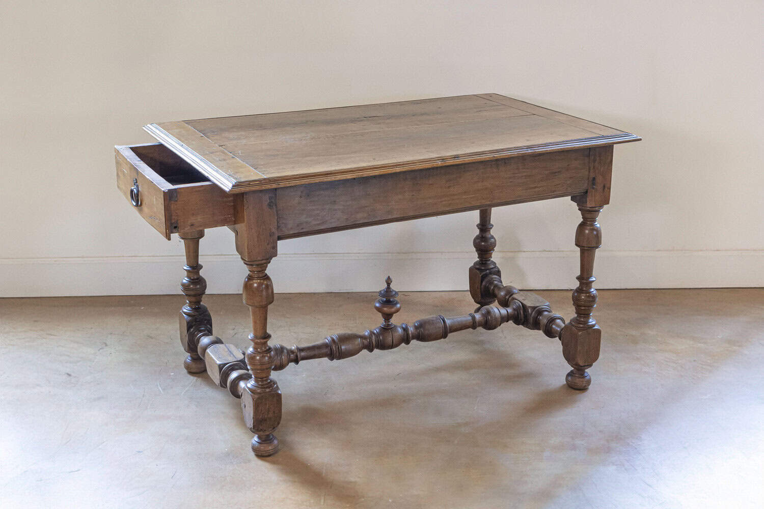 French 19th Century Louis XIII Style Cherry Table with Side Drawers, Circa 1850  French 1850s Louis XIII Style Cherry Table with Lateral Drawer and Turned Legs - JAA