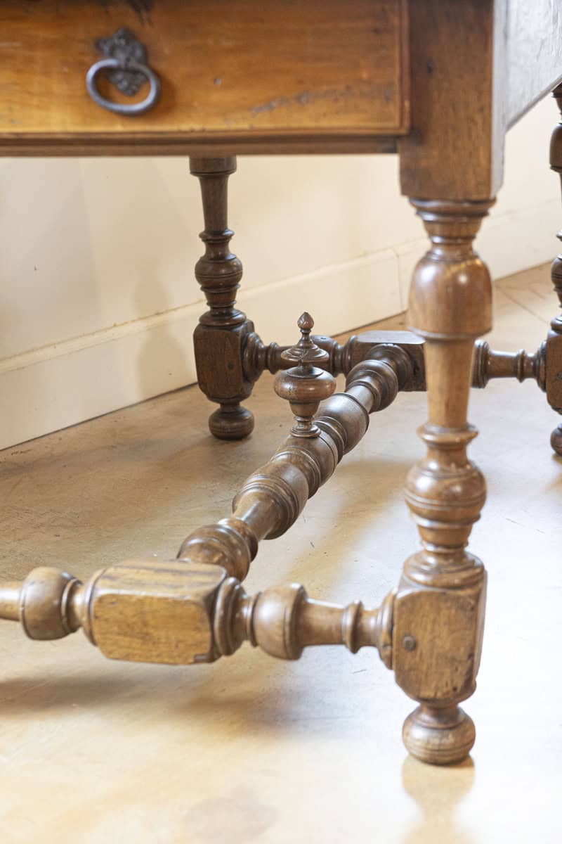 French 19th Century Louis XIII Style Cherry Table with Side Drawers, Circa 1850  French 1850s Louis XIII Style Cherry Table with Lateral Drawer and Turned Legs - JAA