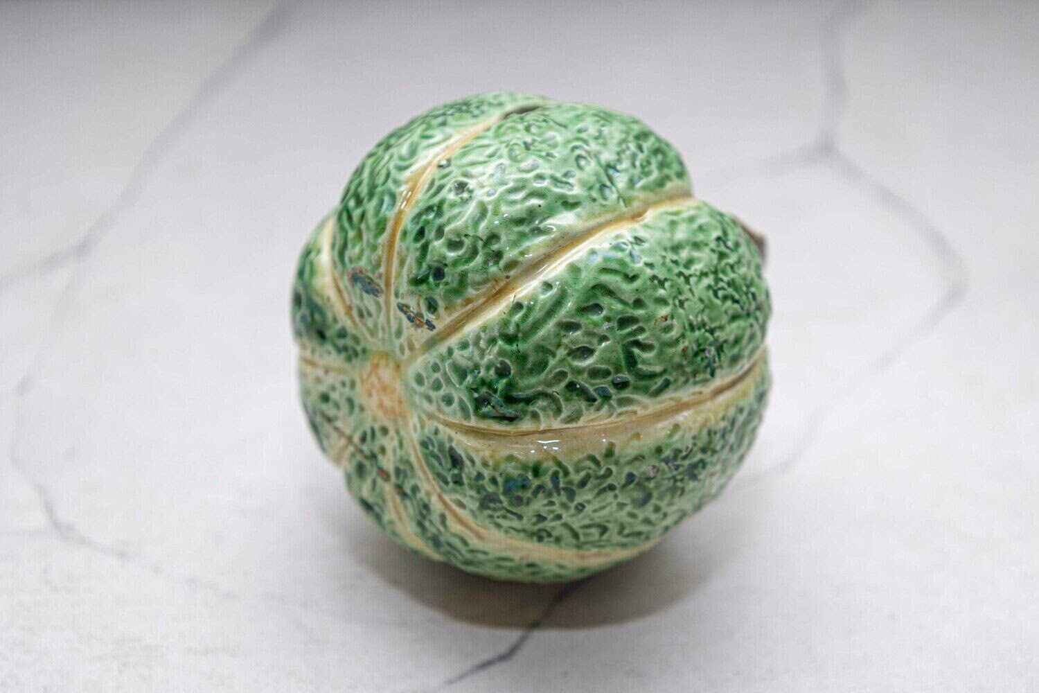 French Majolica Green Pumpkin Gourd (Decorative Antique Coin Piggy Bank) - JAA
