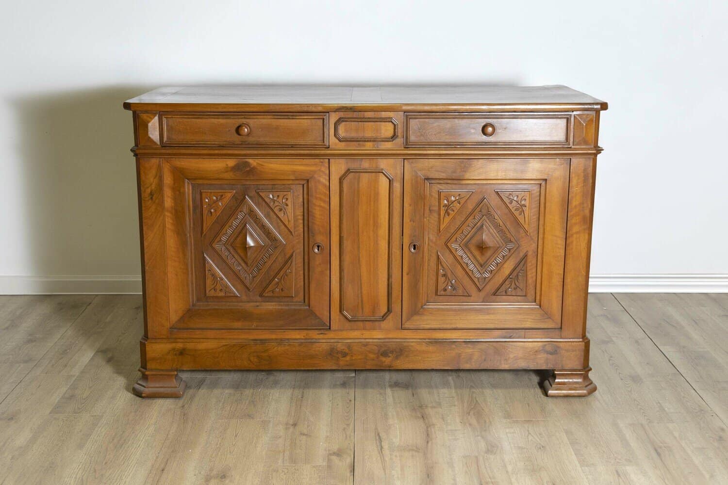 Italian 19th Century Walnut Buffet with Carved Diamond and Floral Motifs - JAA