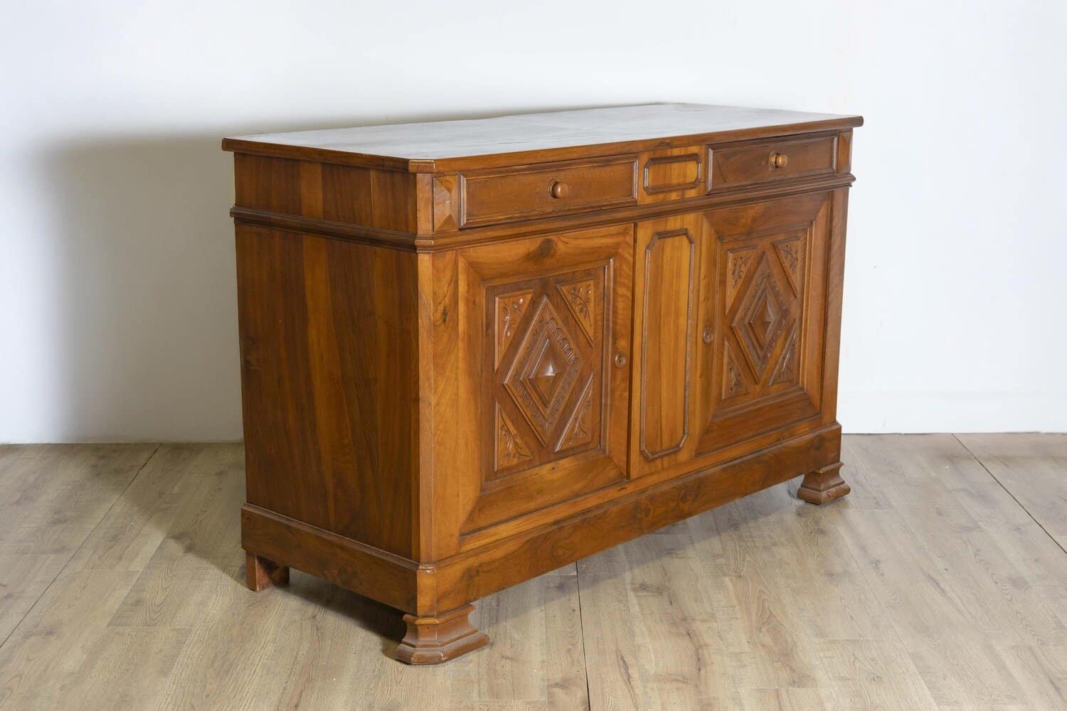 Italian 19th Century Walnut Buffet with Carved Diamond and Floral Motifs - JAA