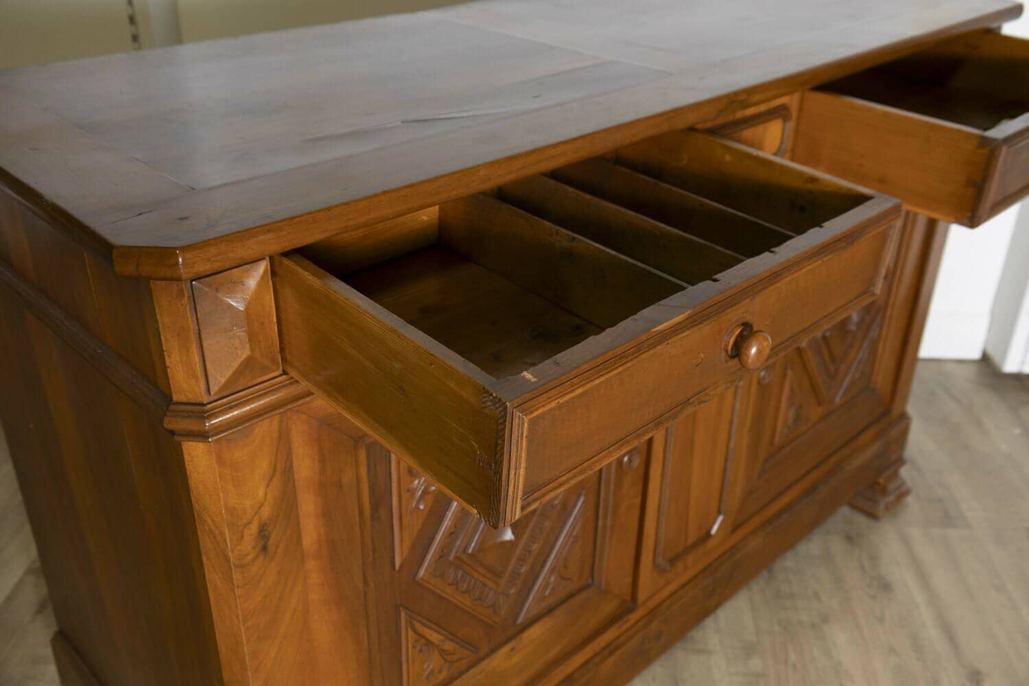 Italian 19th Century Walnut Buffet with Carved Diamond and Floral Motifs - JAA