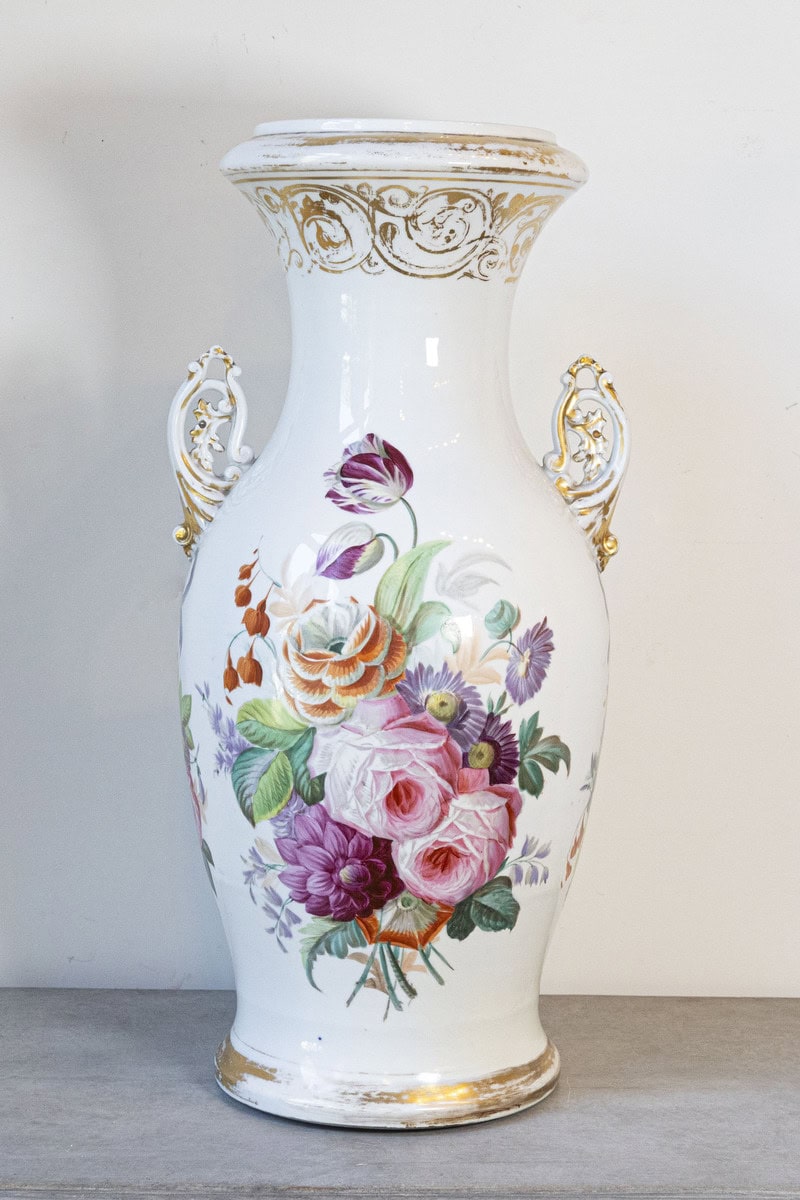 French Napoleon III 19th Century Hand-Painted Porcelain Vase with Floral Décor - JAA