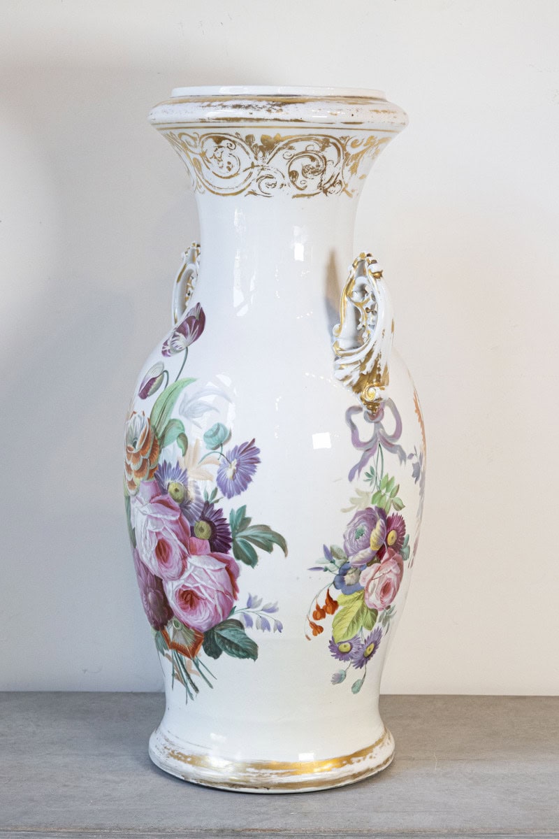 French Napoleon III 19th Century Hand-Painted Porcelain Vase with Floral Décor - JAA