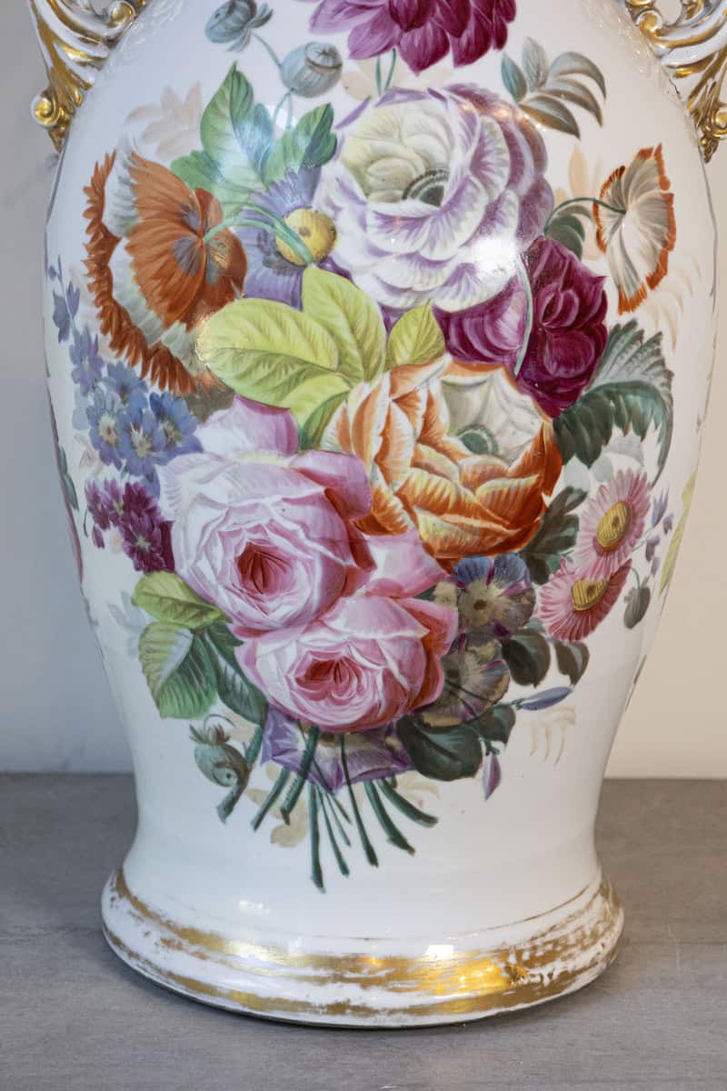 French Napoleon III 19th Century Hand-Painted Porcelain Vase with Floral Décor - JAA