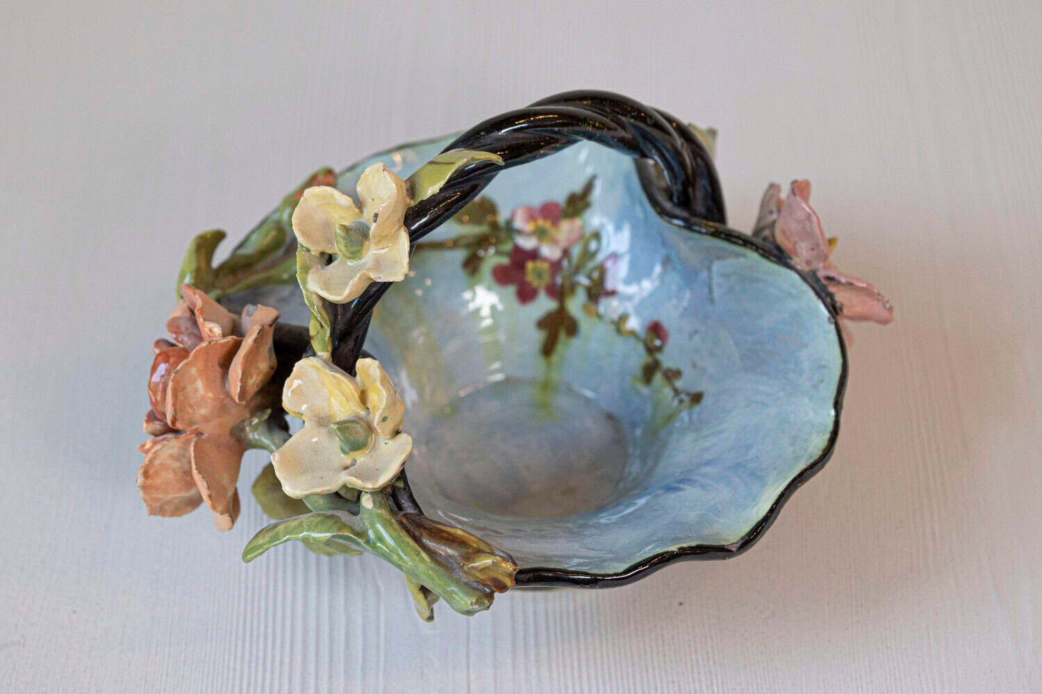 French 1880s Barbotine Majolica Basket with High Relief Colorful Flowers - JAA