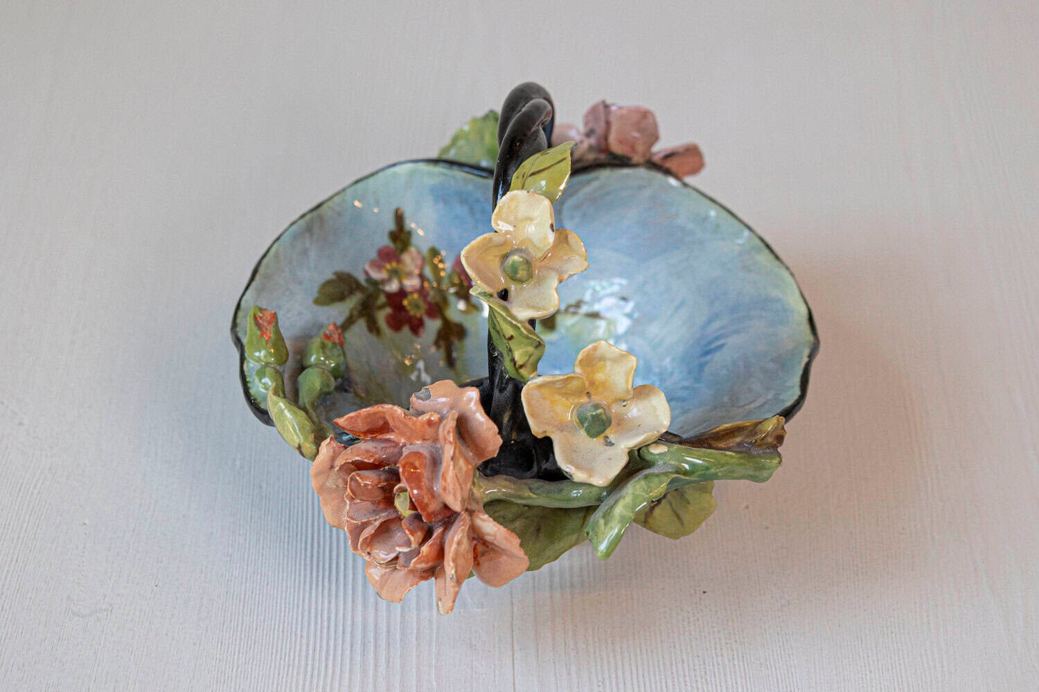 French 1880s Barbotine Majolica Basket with High Relief Colorful Flowers - JAA