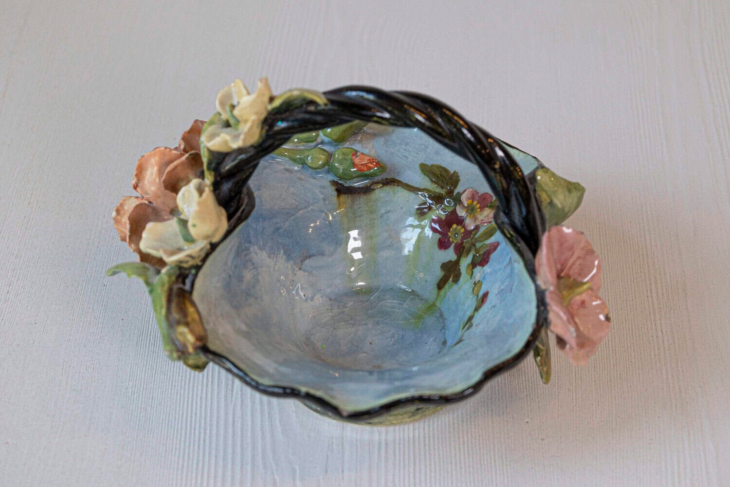 French 1880s Barbotine Majolica Basket with High Relief Colorful Flowers - JAA