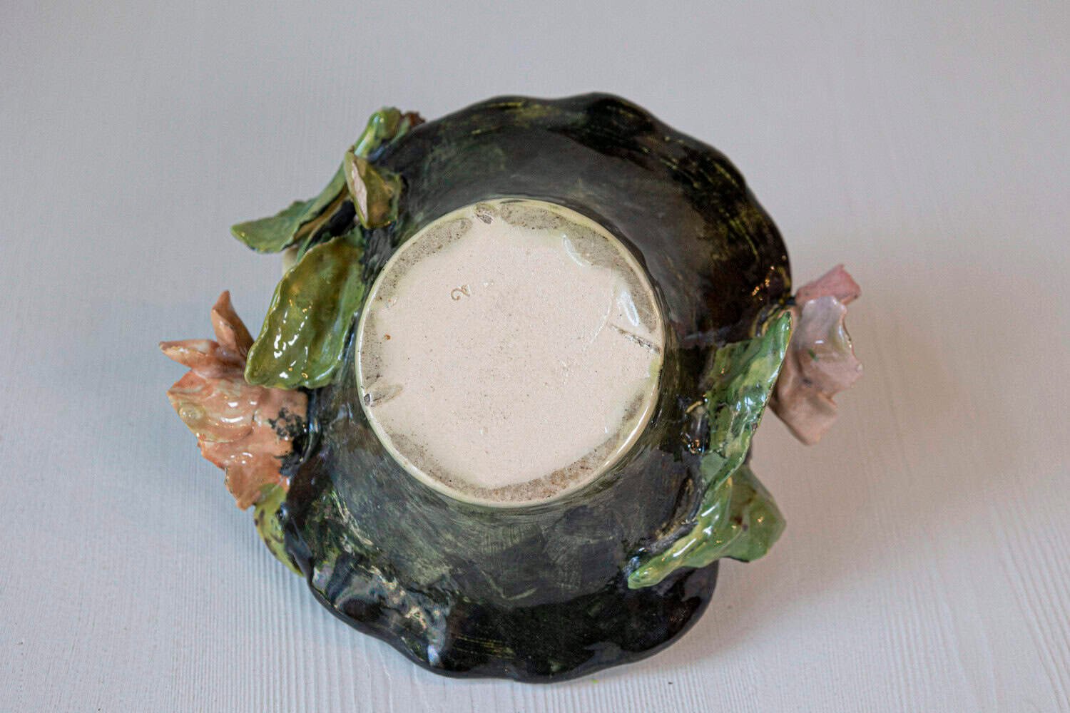 French 1880s Barbotine Majolica Basket with High Relief Colorful Flowers - JAA