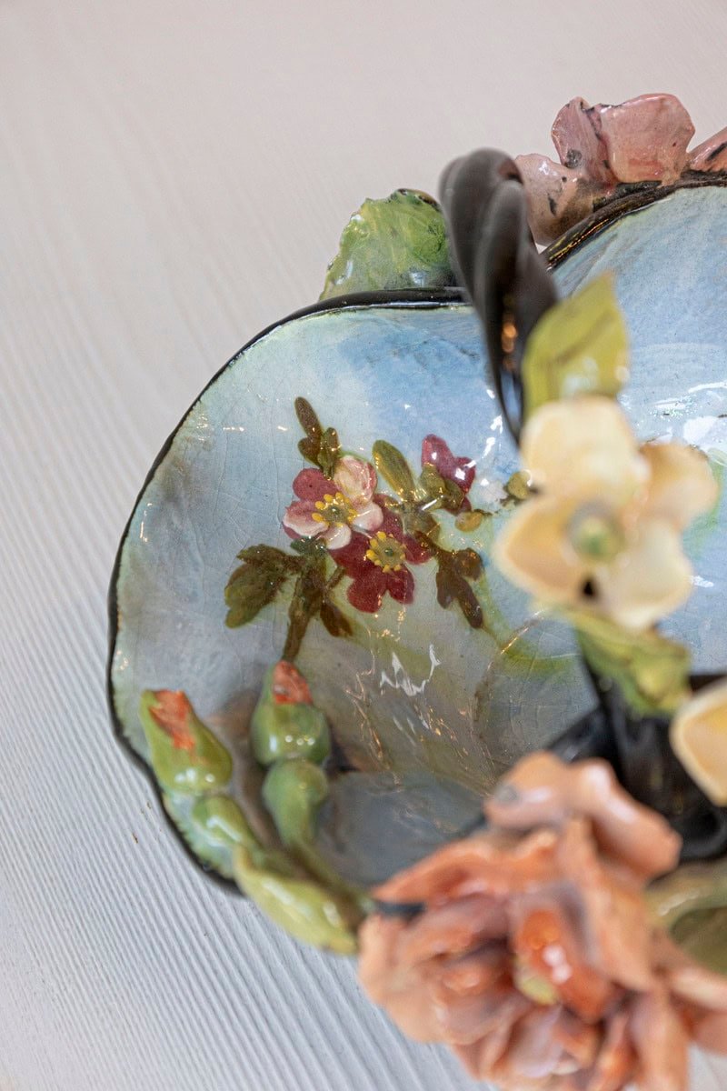 French 1880s Barbotine Majolica Basket with High Relief Colorful Flowers - JAA