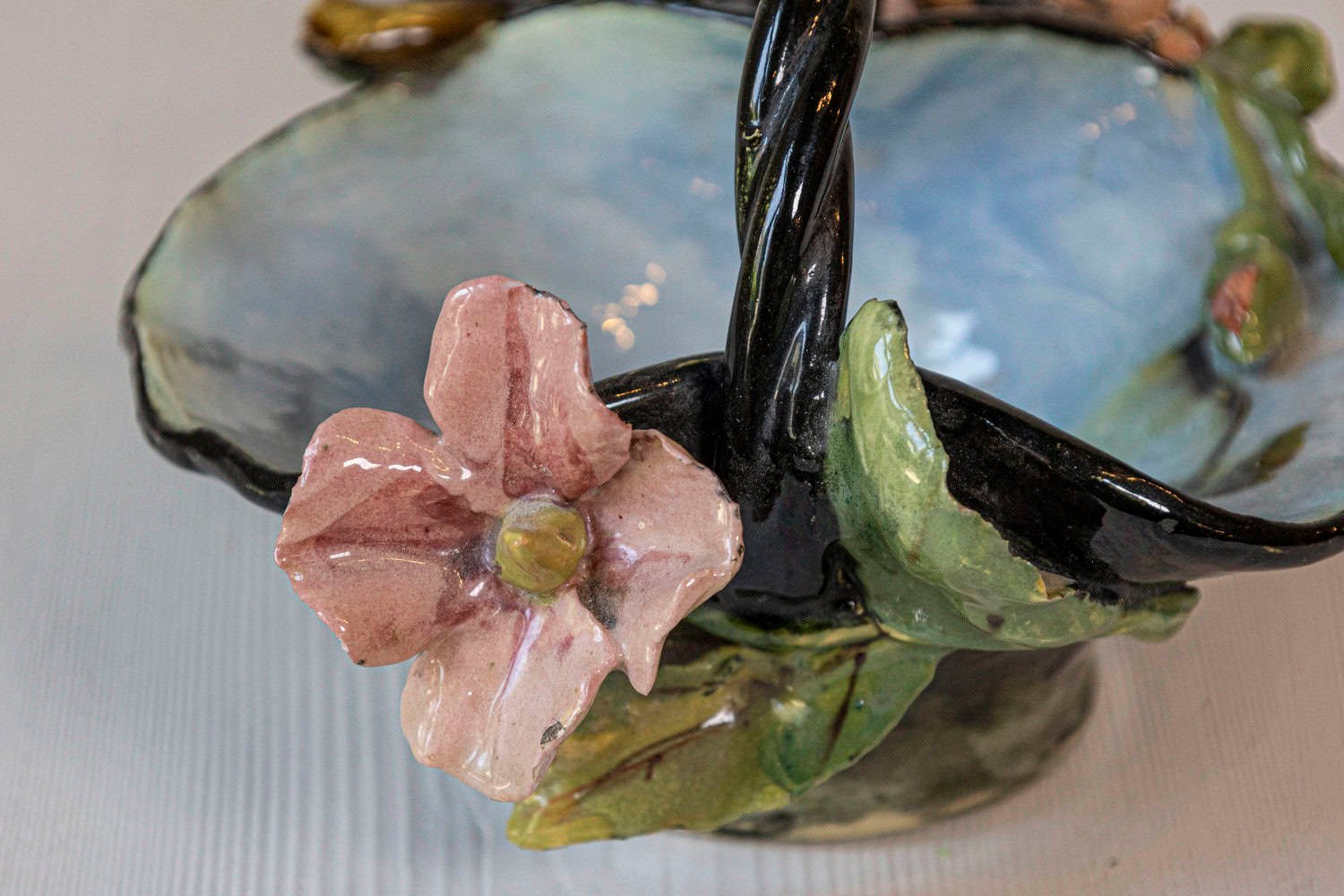 French 1880s Barbotine Majolica Basket with High Relief Colorful Flowers - JAA