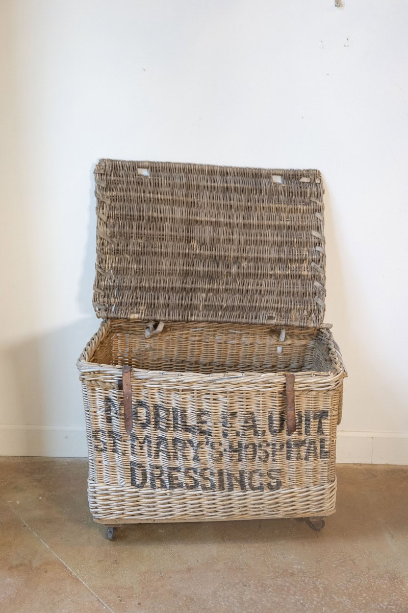 Early 20th Century English Wicker Laundry Basket on Wheels with Stenciled Labeling - JAA