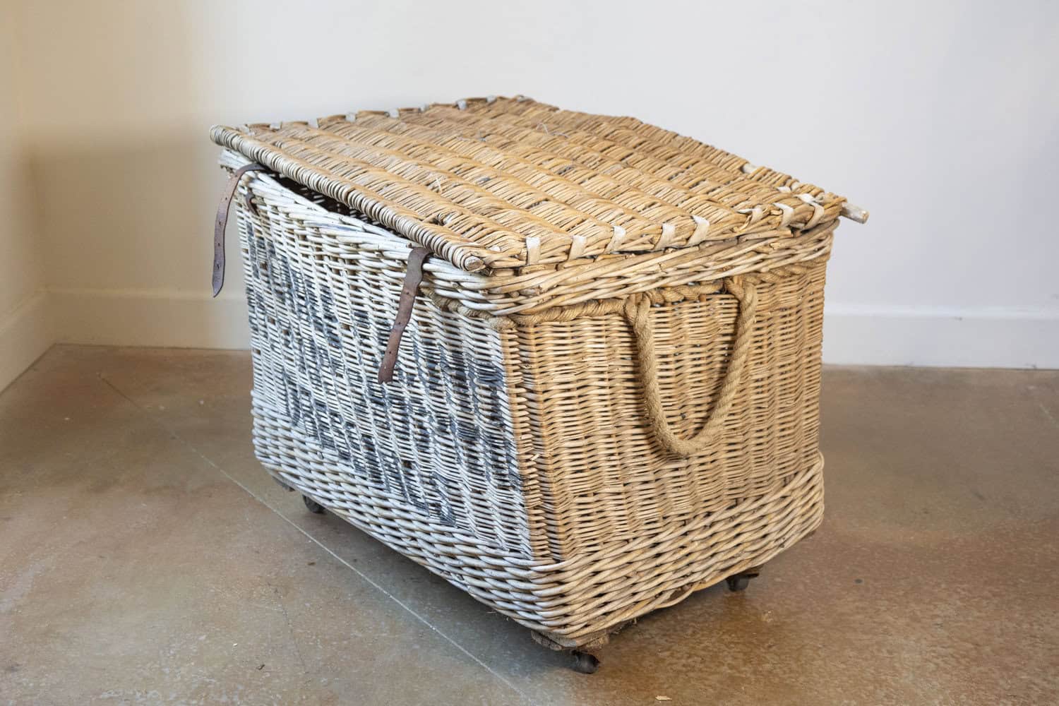 Early 20th Century English Wicker Laundry Basket on Wheels with Stenciled Labeling - JAA