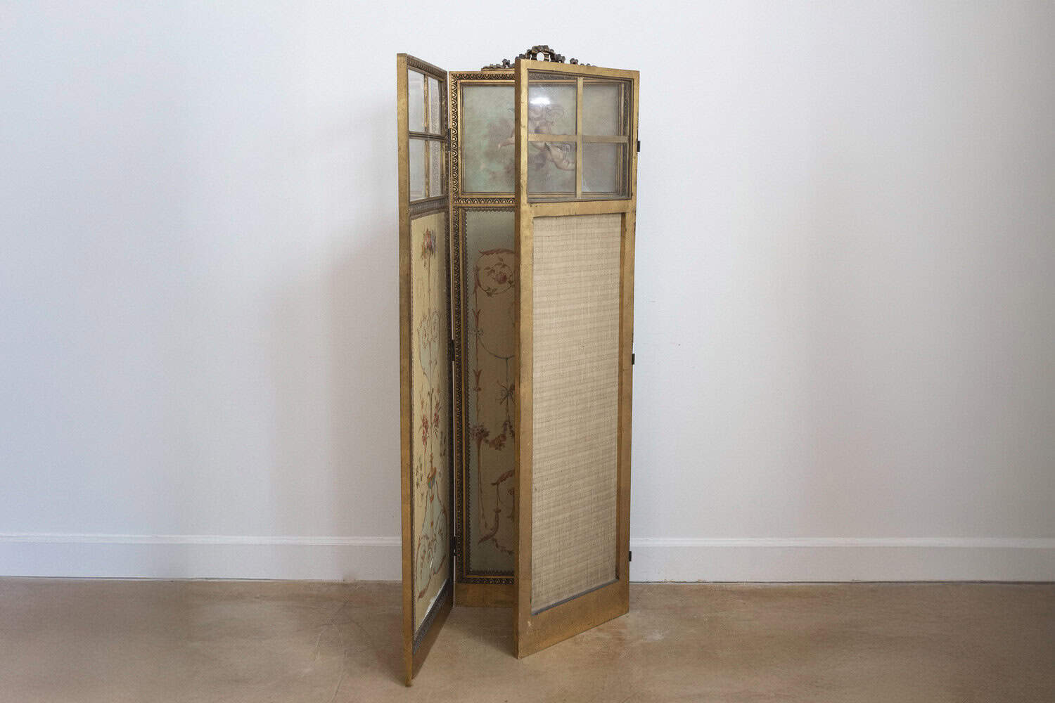 French Renaissance Revival Folding Three-Panel Screen with Hand-Painted Motifs - JAA