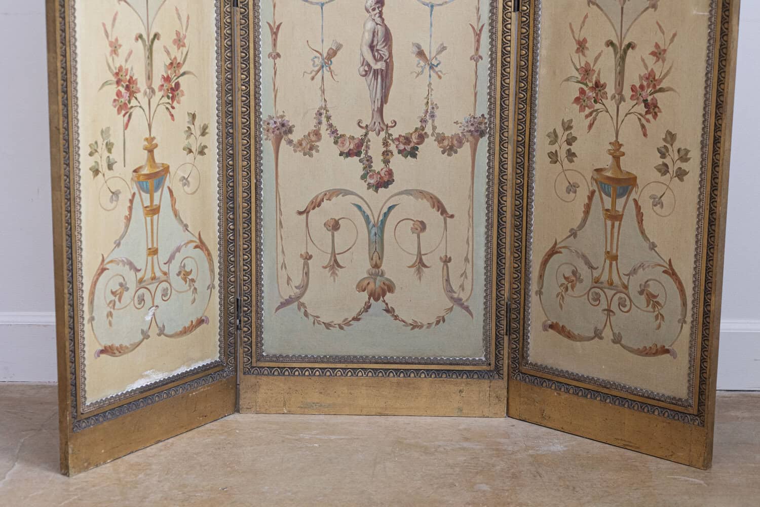 French Renaissance Revival Folding Three-Panel Screen with Hand-Painted Motifs - JAA