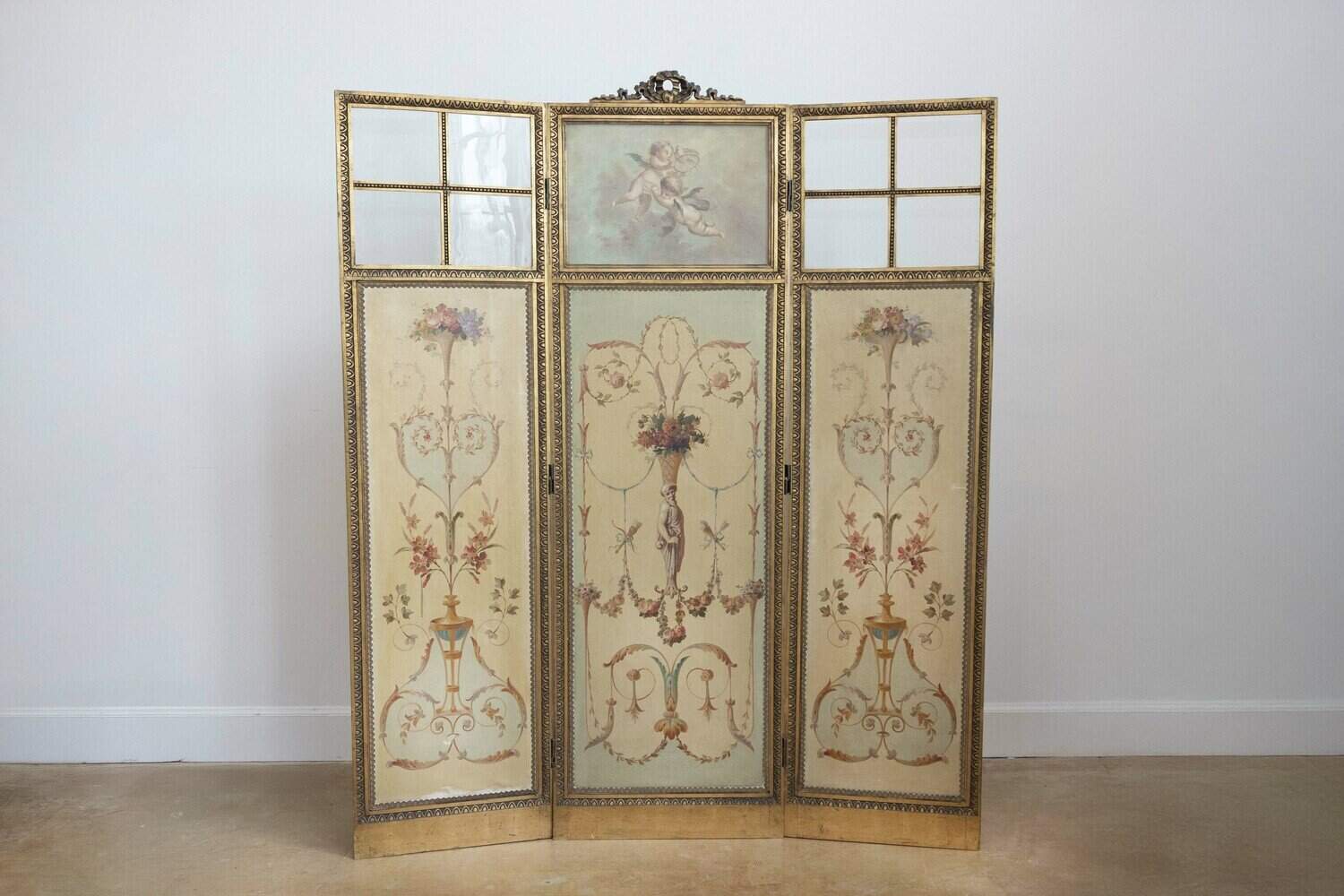 French Renaissance Revival Folding Three-Panel Screen with Hand-Painted Motifs - JAA