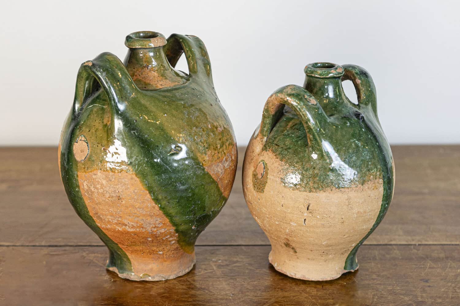 French Provincial Napoléon III Era Green Glazed Pottery Jugs, Circa 1850 - JAA