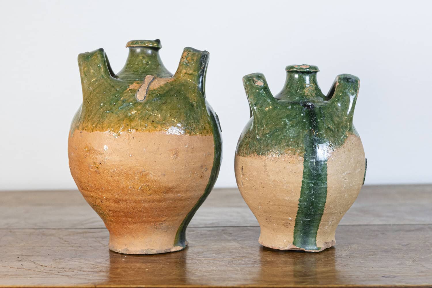 French Provincial Napoléon III Era Green Glazed Pottery Jugs, Circa 1850 - JAA