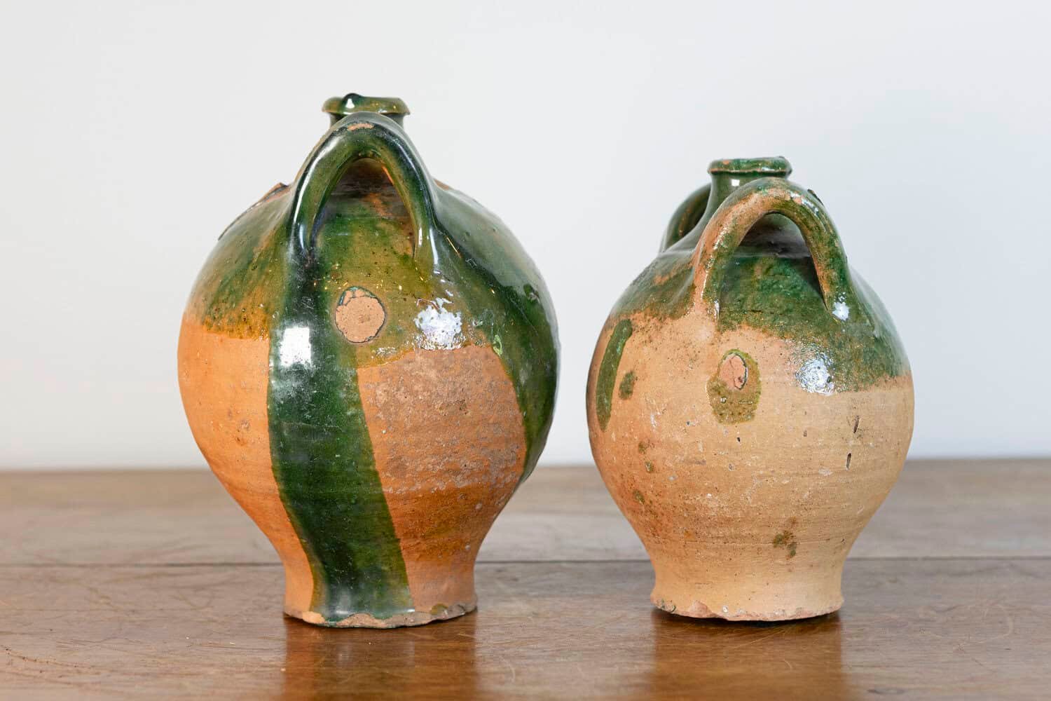 French Provincial Napoléon III Era Green Glazed Pottery Jugs, Circa 1850 - JAA