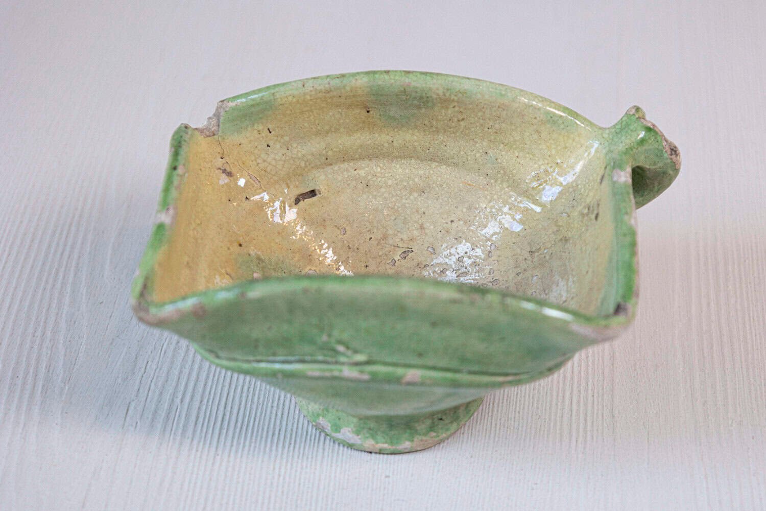 French 19th Century Rustic Green Glazed Square-Shaped Bowl with Weathered Patina - JAA