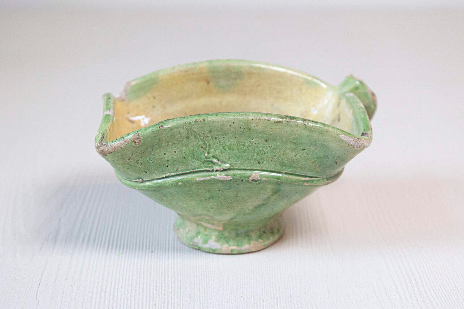 French 19th Century Rustic Green Glazed Square-Shaped Bowl with Weathered Patina - JAA