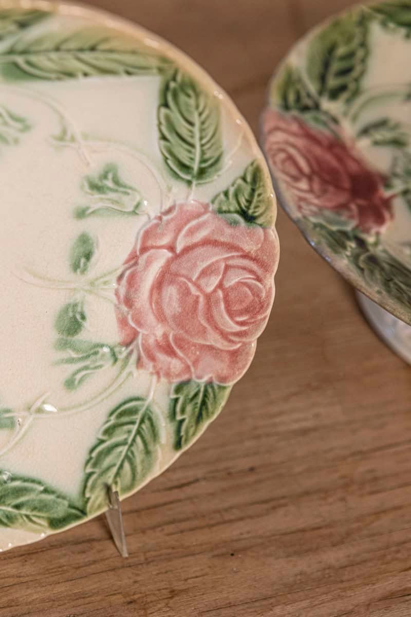 French 19th Century Majolica Compote and Plates with Roses - JAA