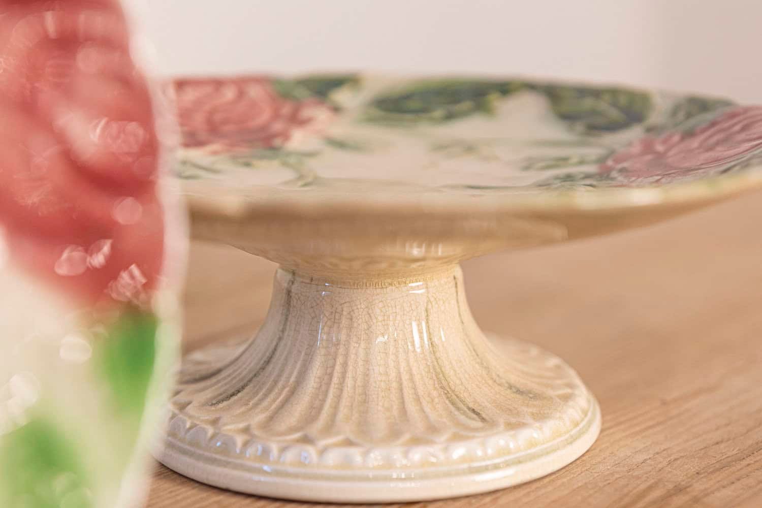 French 19th Century Majolica Compote and Plates with Roses - JAA