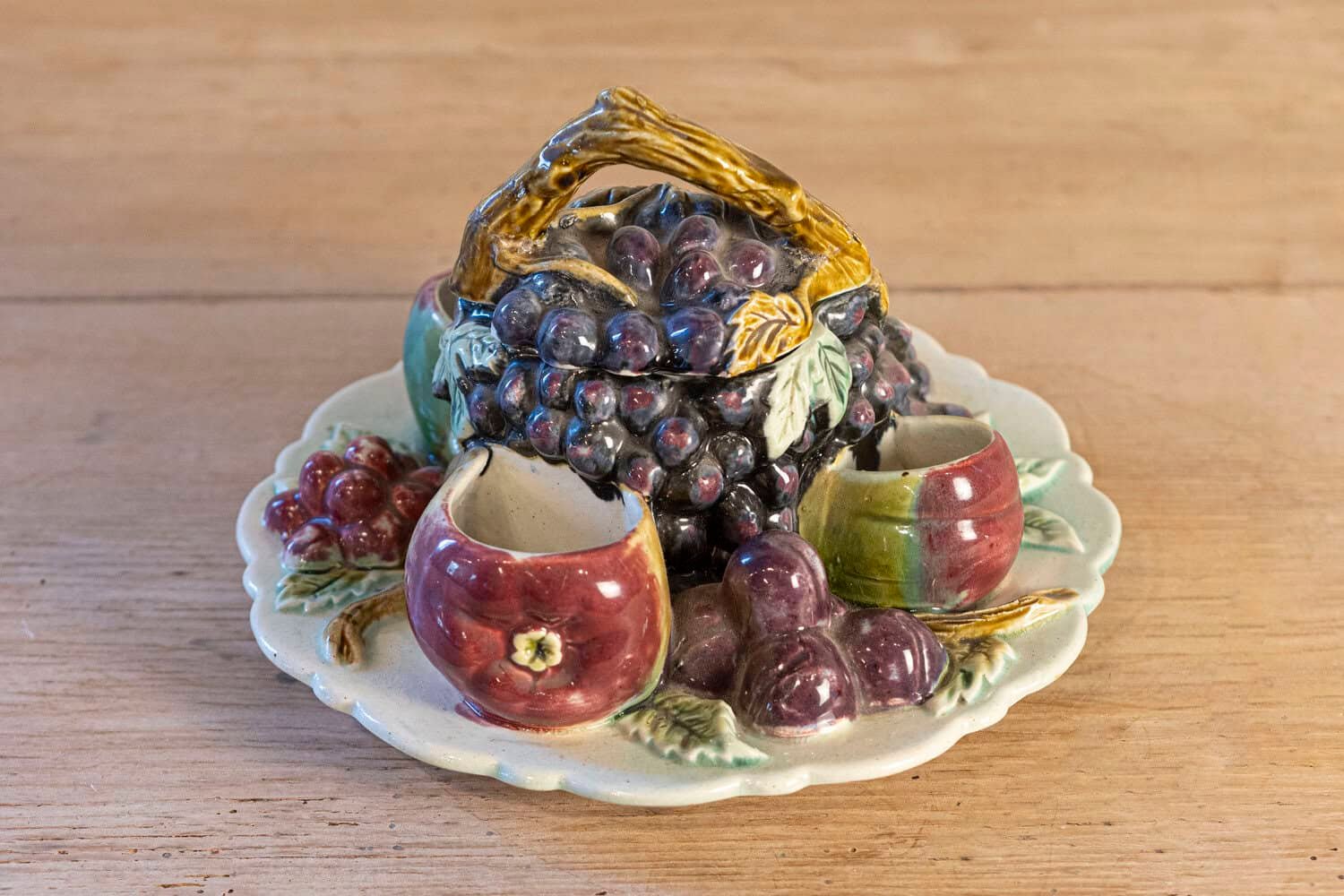 French 19th Century Glazed Majolica Lidded Fruit Dish with Grapes - JAA