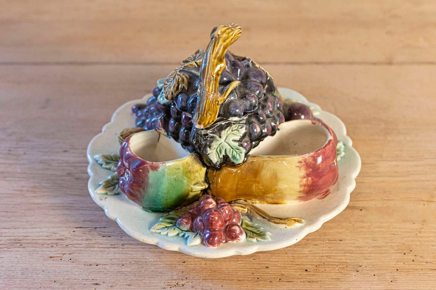 French 19th Century Glazed Majolica Lidded Fruit Dish with Grapes - JAA