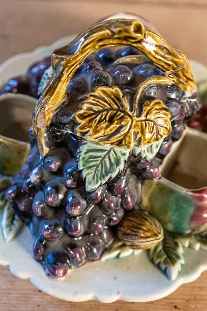 French 19th Century Glazed Majolica Lidded Fruit Dish with Grapes - JAA