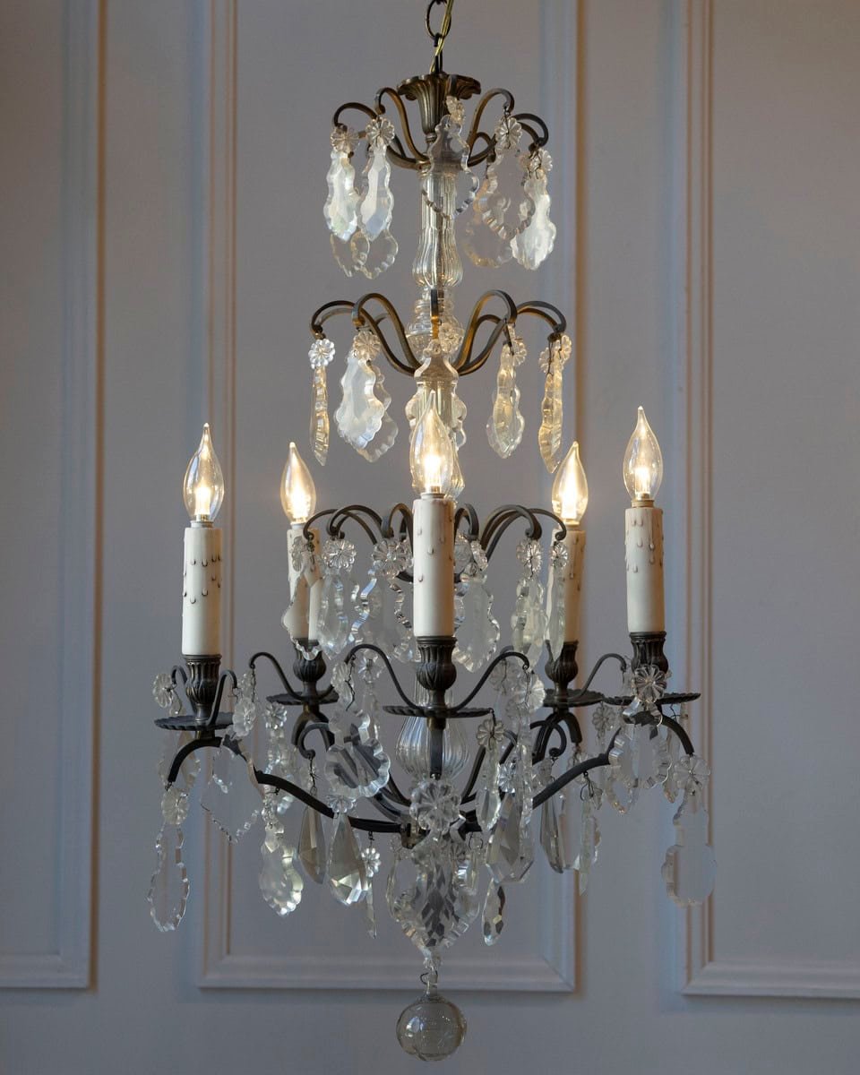 40% OFF. 19th Century French Five-Light Iron and Crystal Chandelier with Pendeloques - JAA