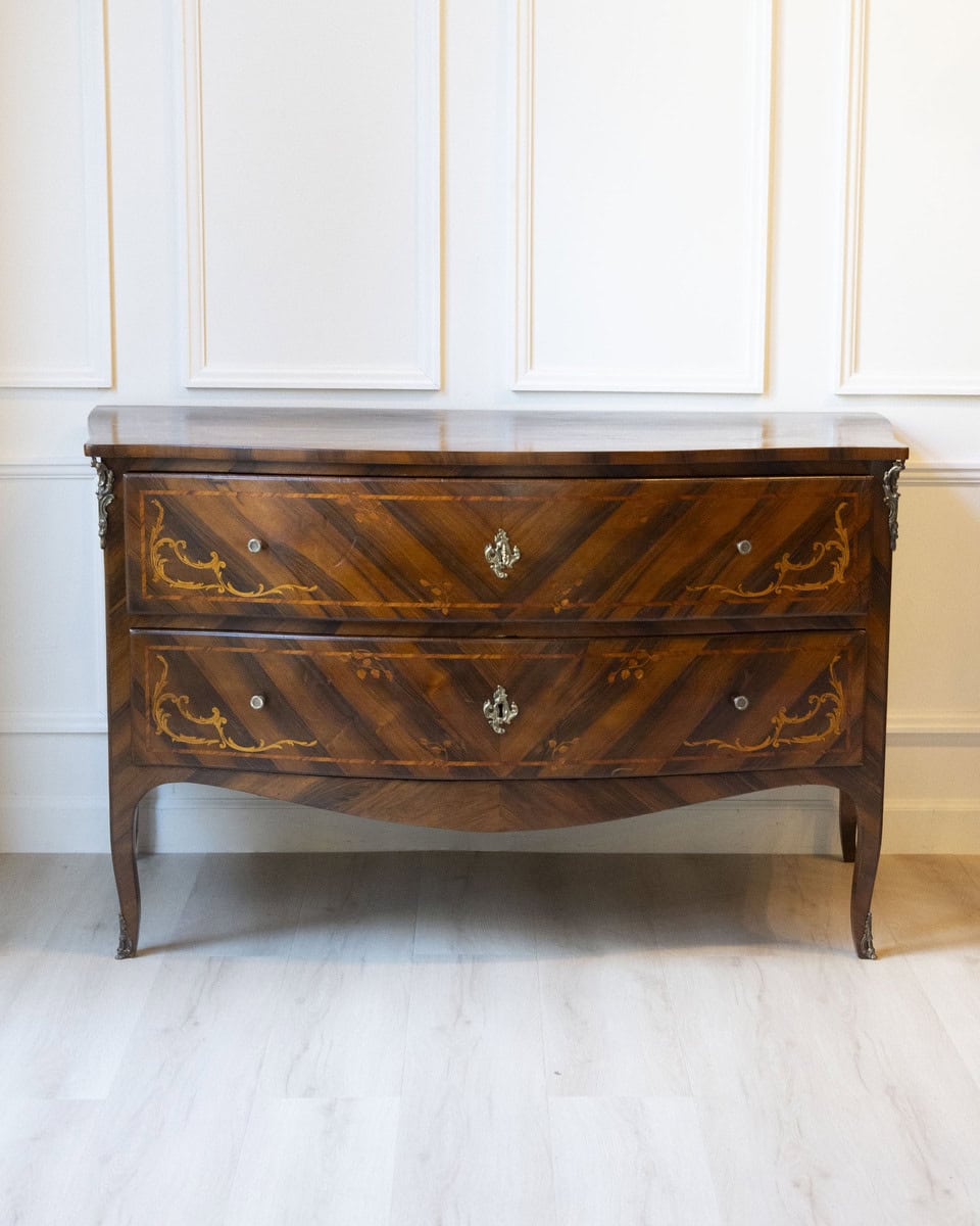 ON HOLD - Pair of 18th-Century Lombard Marquetry Commodes in Walnut and Bois de Rose - JAA