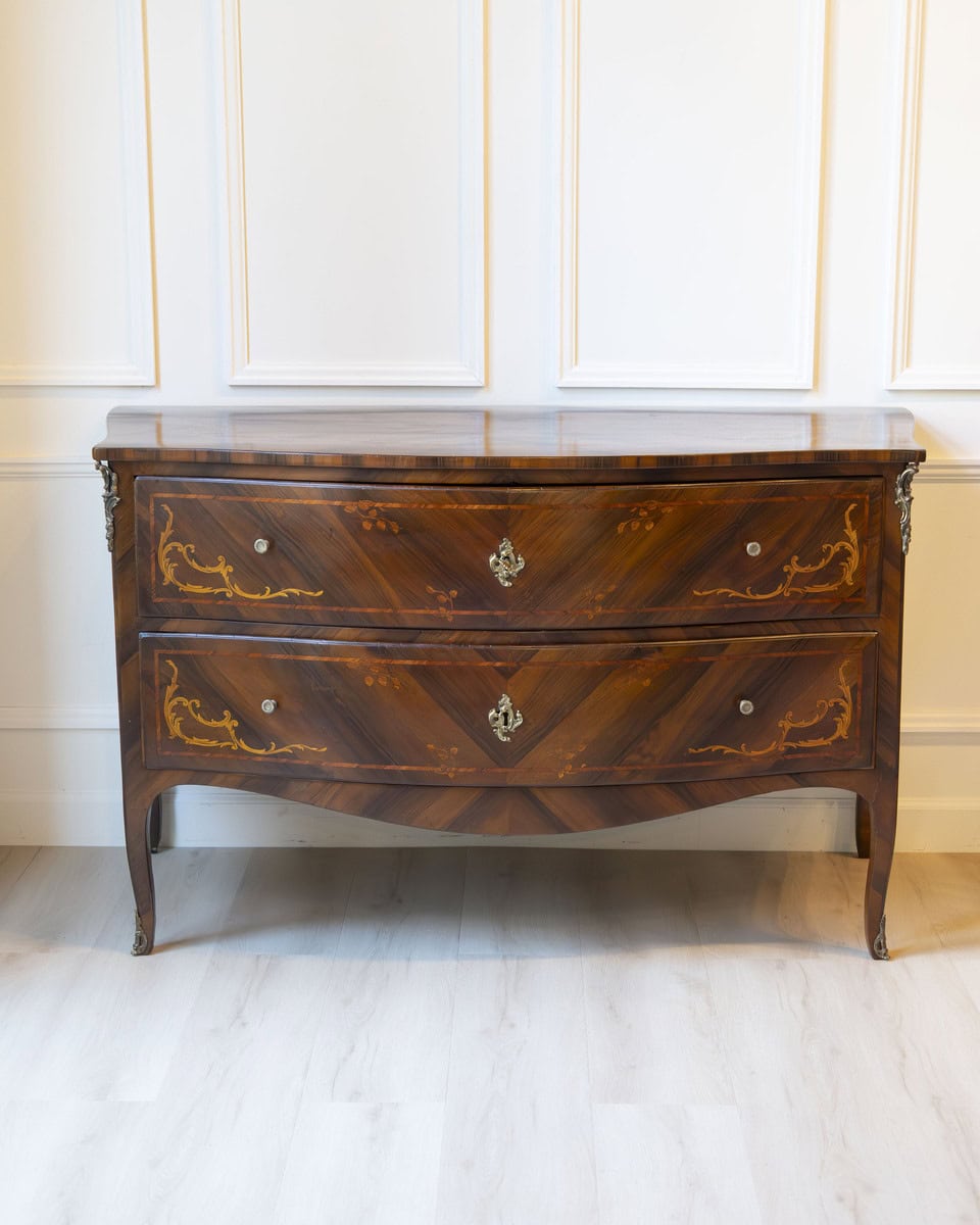 ON HOLD - Pair of 18th-Century Lombard Marquetry Commodes in Walnut and Bois de Rose - JAA