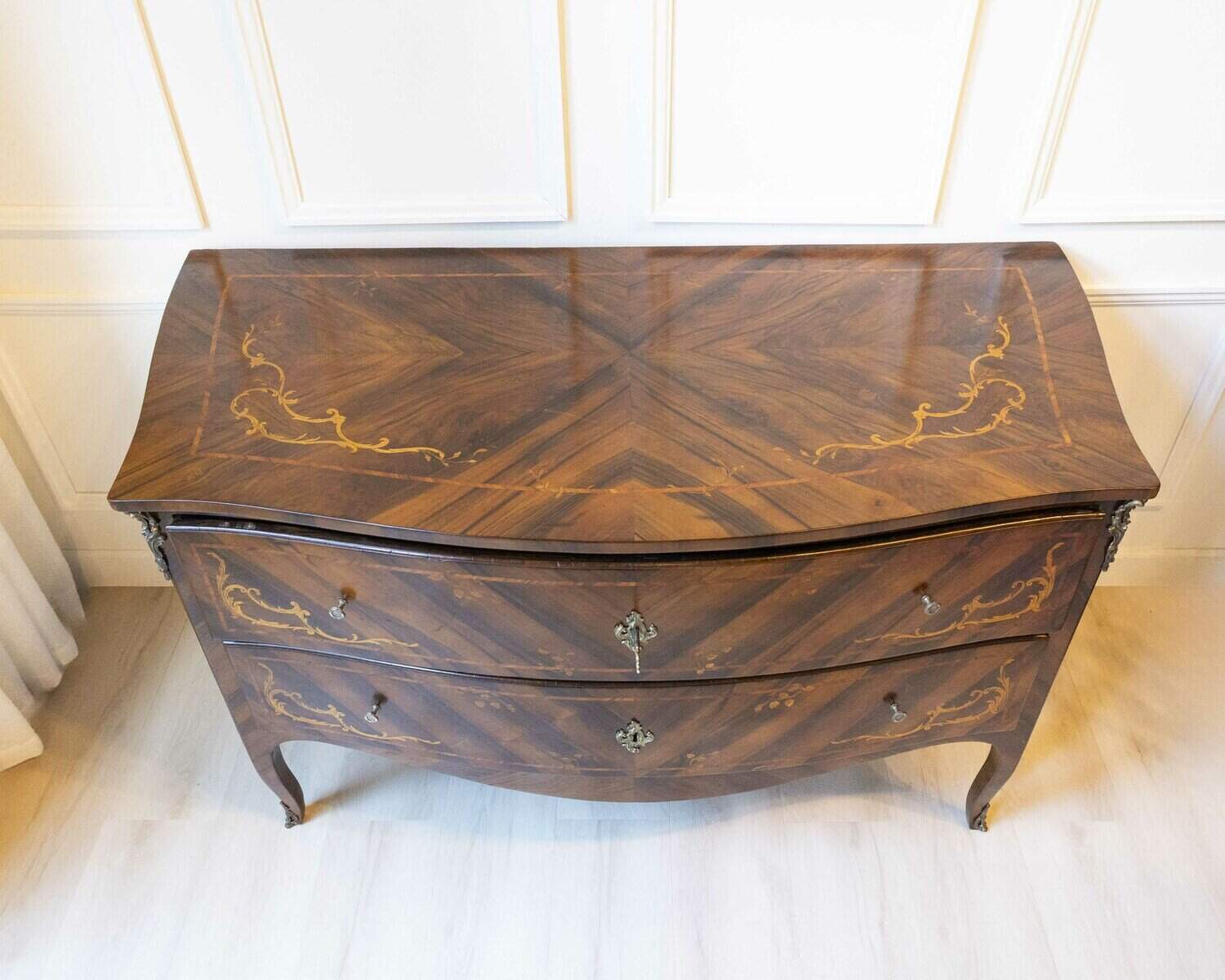 ON HOLD - Pair of 18th-Century Lombard Marquetry Commodes in Walnut and Bois de Rose - JAA
