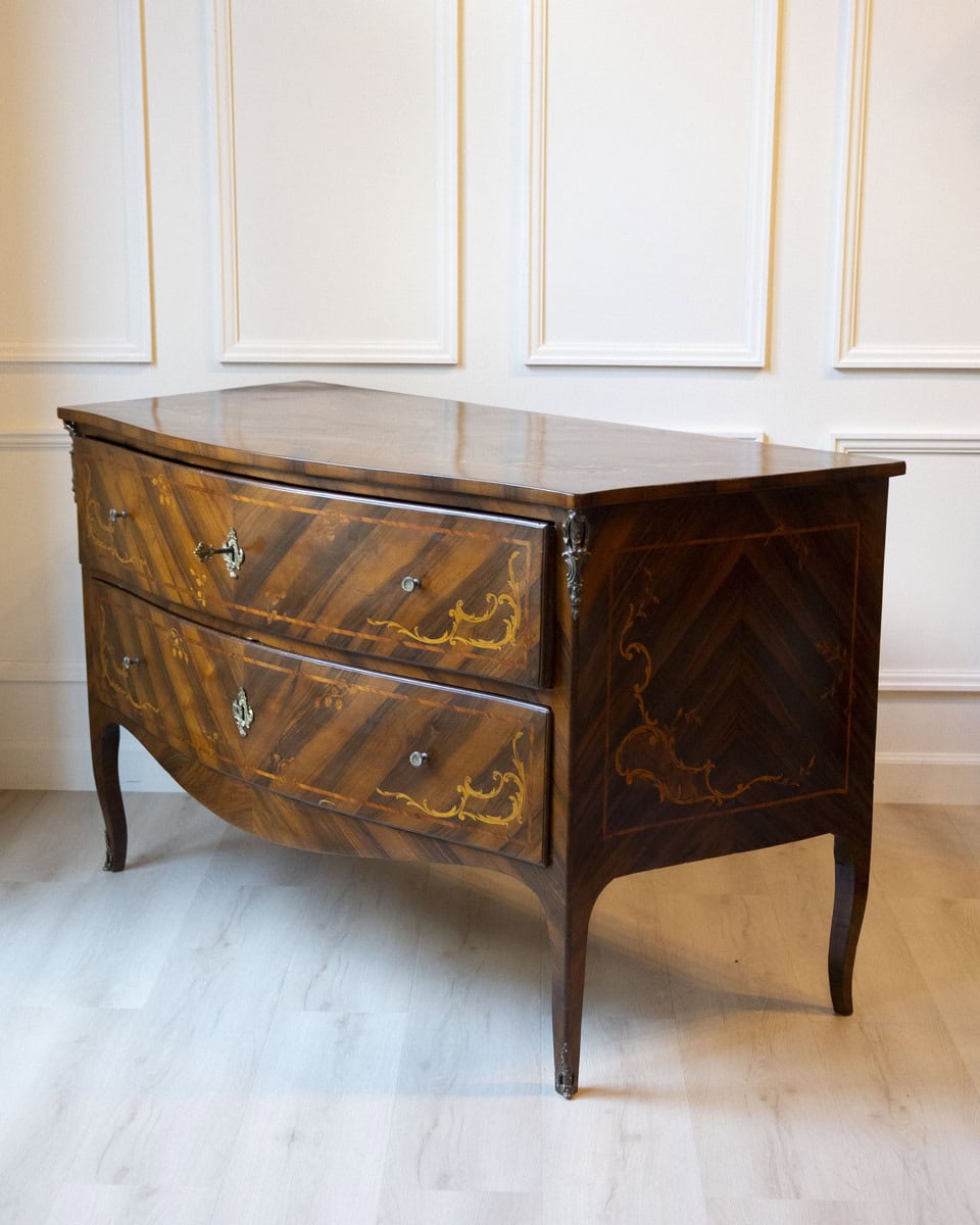 ON HOLD - Pair of 18th-Century Lombard Marquetry Commodes in Walnut and Bois de Rose - JAA